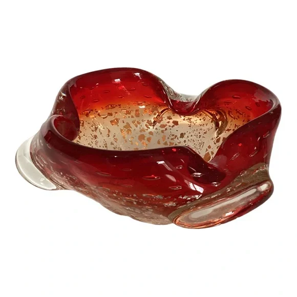 Murano Venetian Art Glass Bowl Hand Blown Red And Gold Flecks Italy MCM Vintage - Picture 8 of 16